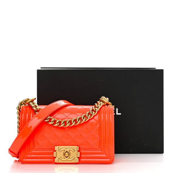 CHANEL Handbags - Chanel Small boy bag in Neon orange patent with gold hardware